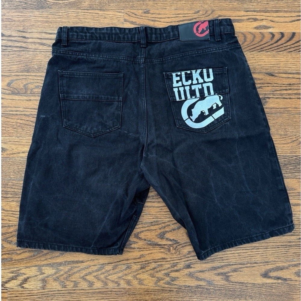 Vintage y2k Ecko Unltd Black Denim Brand Jorts Jean Shorts Pocket Detail